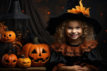 Cute little smiling girl in witch costume with Halloween pumpkinsの素材