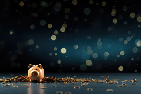 piggy bank and scattered coins. Copy space for textの素材