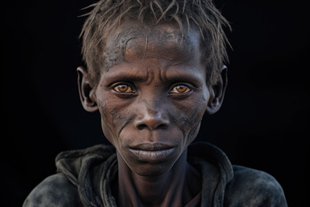 African thin hungry child boy, poverty and hunger conceptの素材