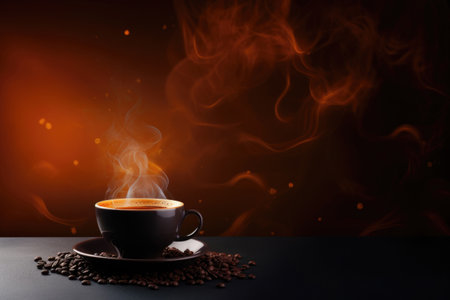 Coffee in a cup on wooden table in cafe with coffee beans. Copy space for textの素材