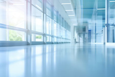 Long hospital bright corridor hall, medical background. Copy space for textの素材