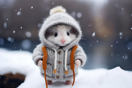mouse in warm knitted clothes in the snow in winterの素材