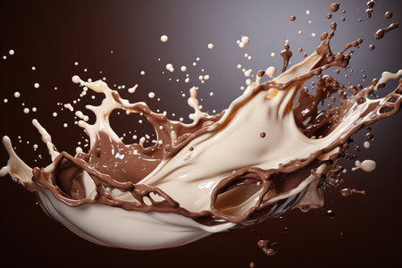 Splashes of liquid chocolate with milk on a dark backgroundの素材