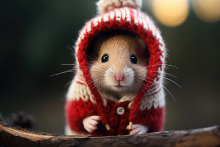 Cute mouse in knitted clothes on the background of a Christmas New Year treeの素材