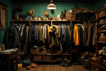 Untidy wardrobe room full of different clothesの素材