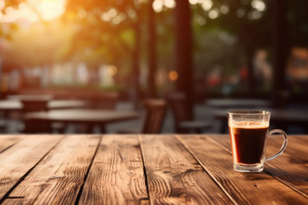 cup of coffee on wooden table against the backdrop of a blurred street cafeの素材