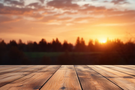 Wooden table against a background of blurred forest at sunsetの素材