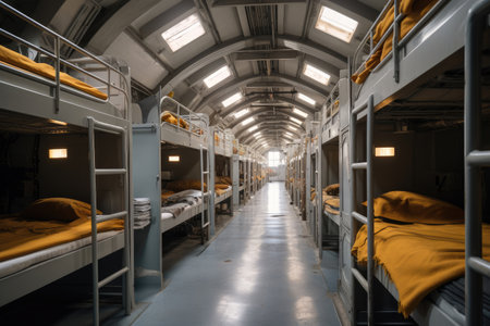 refugee shelter, dormitory inside, bunk bedsの素材