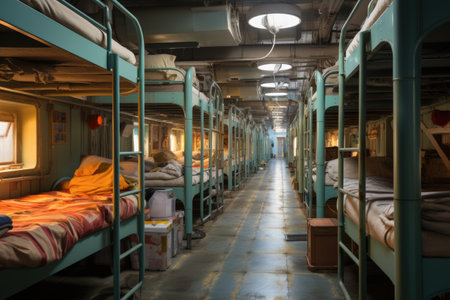 refugee shelter, dormitory inside, bunk bedsの素材