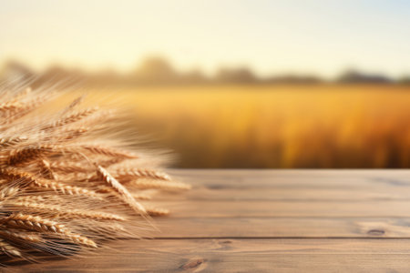 wooden table in front of wheat field, harvest conceptの素材