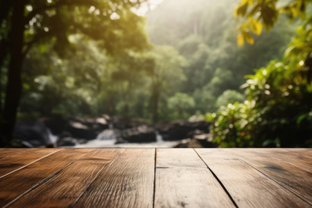 Wood table on blur abstract green backgroundの素材