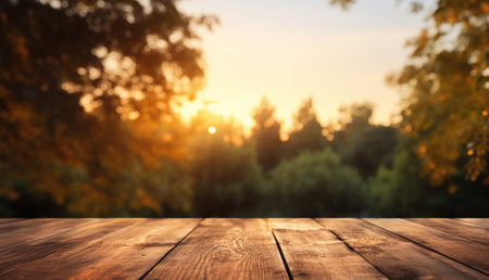 Wooden table against a background of blurred trees at sunset. Copyspace for textの素材