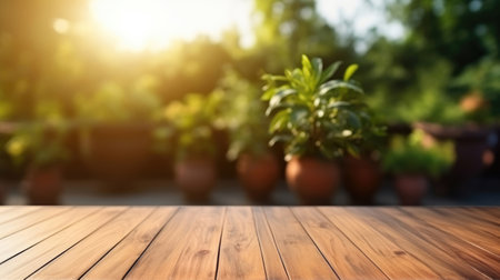 Wooden table against a background of blurred green treesの素材