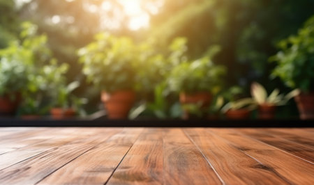 Wooden table against a background of blurred trees at sunset. Copyspace for textの素材