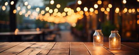 wooden table in front of blurred background with bokeh. Copyspace for textの素材