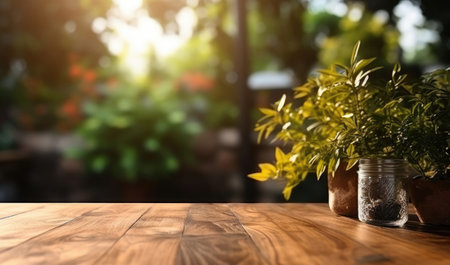 Wooden table against a background of blurred trees at sunsetの素材