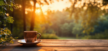 cup of coffee on wooden table against the backdrop of a blurred green landscapeの素材