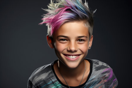 Young cheerful boy with bright dyed hairの素材