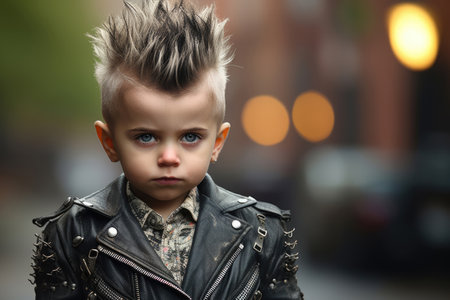 little boy wearing rock music clothes leather jacket and stylish hairstyleの素材