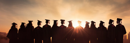 Silhouette of a group of the university graduates masters at sunset. horizontal bannerの素材