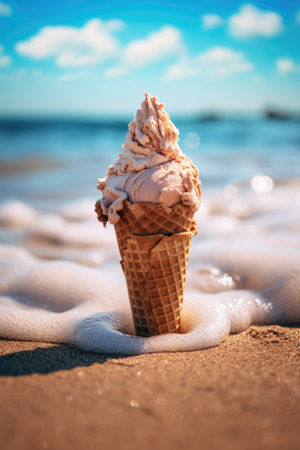 Ice cream in sand on a sunny beach against a blue sky. Vertical orientationの素材