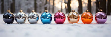 Row of colored shiny Christmas balls on the snow. horizontal bannerの素材