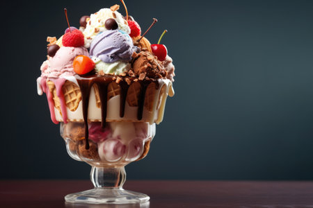 Ice cream in a glass is topped with fruit syrup and chocolate, decorated with berries.. Copy space for textの素材
