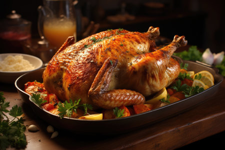 Whole baked golden crispy chicken on a trayの素材