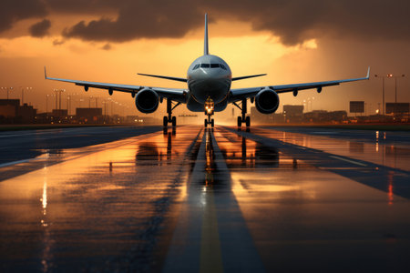 Passengers airplane landing to airport runway against sunset backgroundの素材