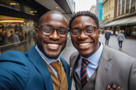 smiling african american successful businessmen taking selfiesの素材