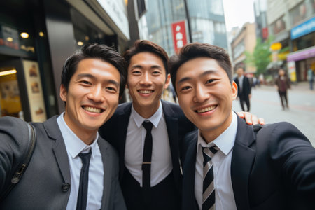 Selfie of cheerful Asian businessmen in suitsの素材