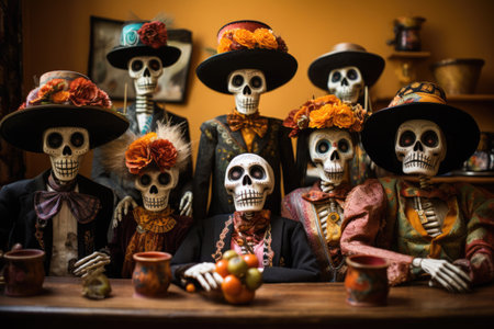 Decorated skeletons in national costumes for Day of the deadの素材
