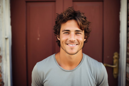 Portrait of handsome smiling young man outdoorsの素材