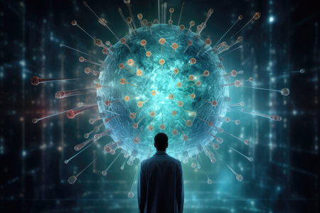 Man in front of a cancer cell model. Concept of cancer research, immunotherapy. Copy space for textの素材