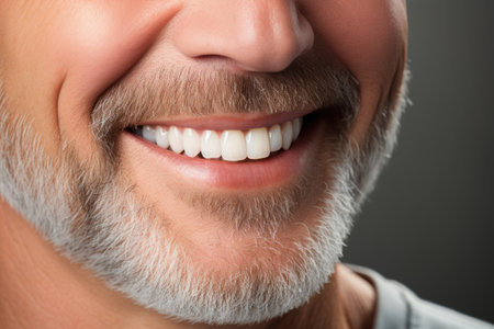 Smile with snow-white teeth of an old man, dental care concept, dentistry, prosthetics conceptの素材