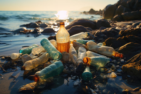 Seashore polluted with plastic and glass bottlesの素材
