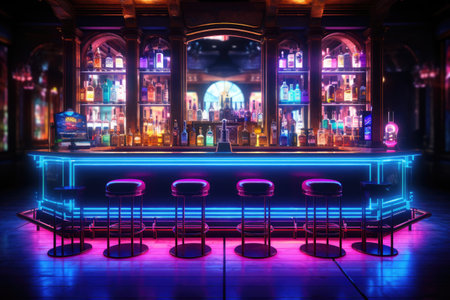 Bar counter in colored lights in a nightclubの素材