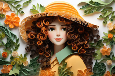 Abstract quilling portrait of a woman with flowers in her hairの素材