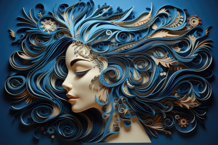 Portrait of a woman with luxurious hair in blue paper quilling styleの素材