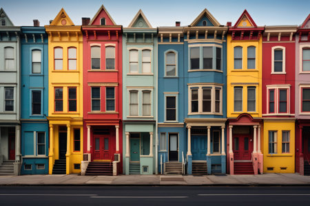 Colored facade of houses with apartmentsの素材