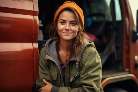 Young smiling woman driver on the background of a truckの素材