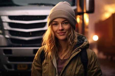 Portrait of woman truck driver in front of truck vehicleの素材