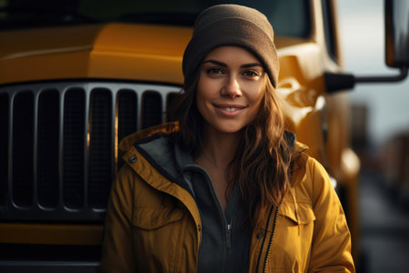 Portrait of woman truck driver in front of truck vehicleの素材
