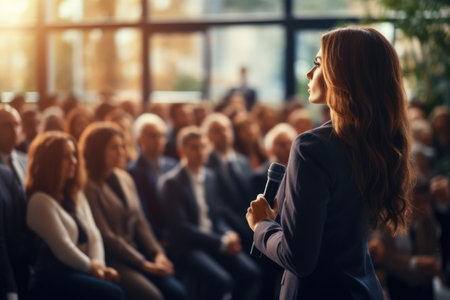 Woman teaching an educational course at a business conference in front of an audienceの素材