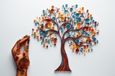 Paper hand makes a tree from paper in quilling style, concept of ecology, environmentの素材