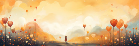 Little girl in a magical forest, fairytale fantasy landscape in drawing style. horizontal bannerの素材