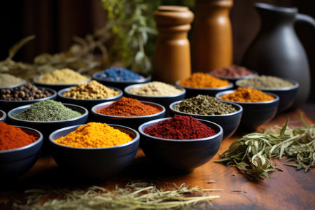 Variety of spices and seasonings on the tableの素材