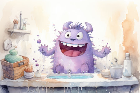 Cute monster taking a bath in watercolor drawing styleの素材