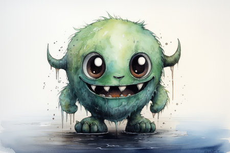 Cute smiling furry monster in watercolor drawing styleの素材