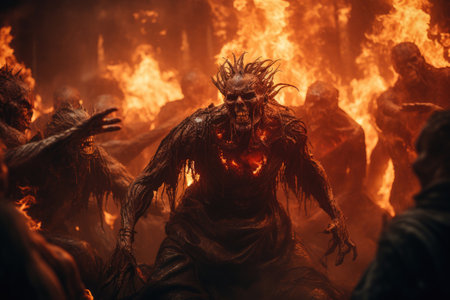 Dancing demons, monsters against the background of fireの素材